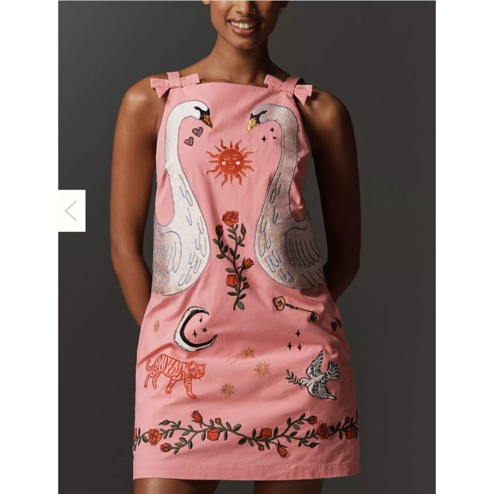 Anthropologie NWT Embroidered Shift Mini Dress Pink Bows Swans Size Large
